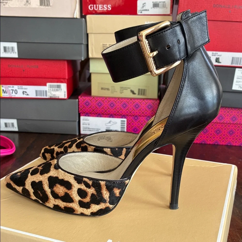 Michael Kors Leopard Print Pointed Toe Ankle-Strap Heels - Black/Leopard - Picture 3 of 6